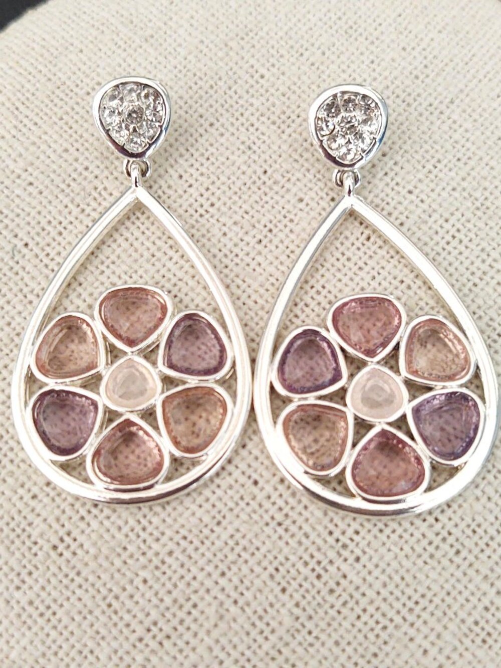 Silver teardrop earrings with crystals and glass